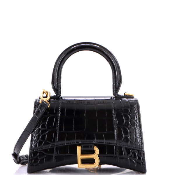 Hourglass Top Handle Bag Crocodile Embossed Leather XS
