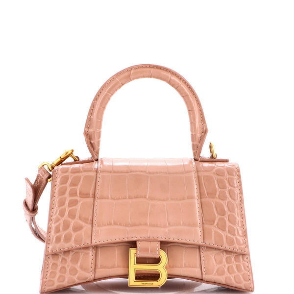 Hourglass Top Handle Bag Crocodile Embossed Leather XS