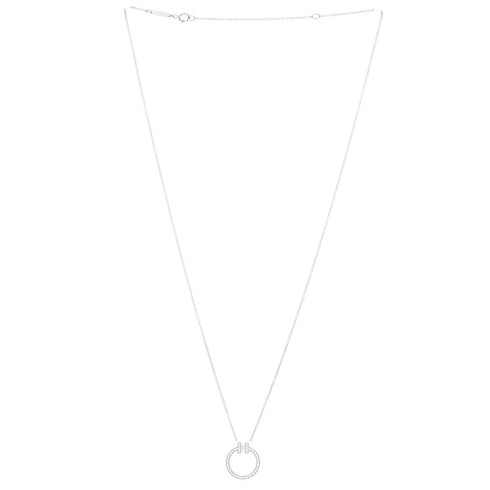 T Circle Pendant Necklace 18K White Gold with Diamonds and Center Baguette Diamond Small