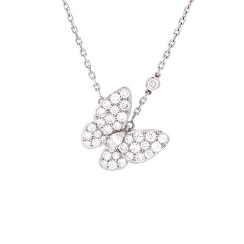 Two Butterfly Pendant Necklace 18K White Gold and Diamonds