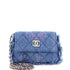 Denim Mood Flap Clutch with Chain Logo Printed Quilted Fringe Denim