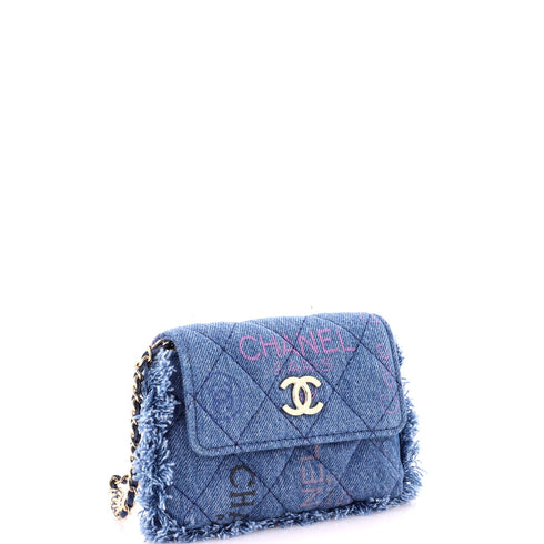 Denim Mood Flap Clutch with Chain Logo Printed Quilted Fringe Denim