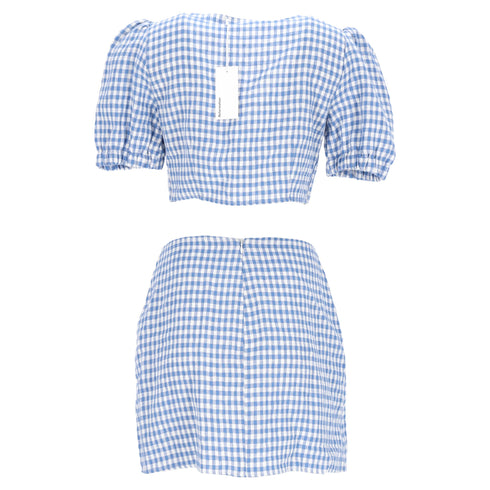 Women's Reformation Ethel Two Piece Top and Mini Skirt Set in Light Blue Linen
