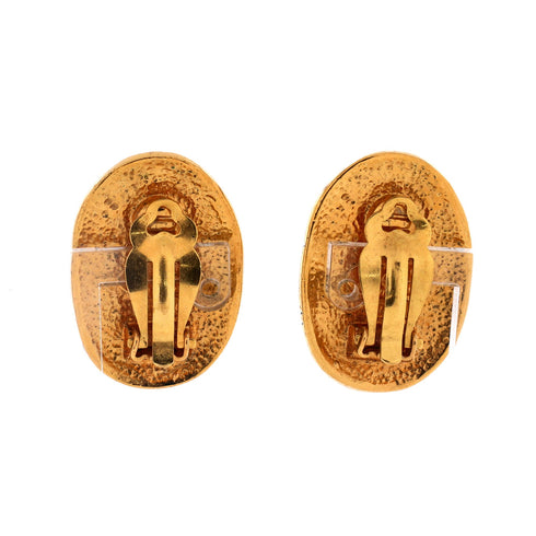 Vintage CC Crown Oval Plate Clip-On Earrings Metal