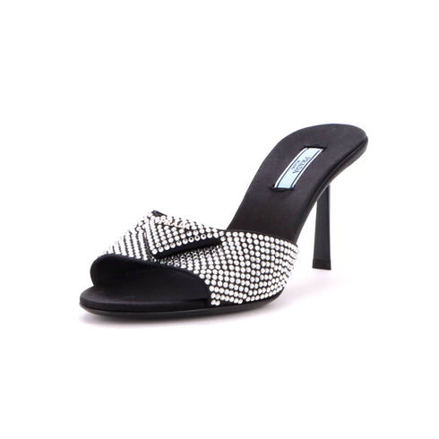 Women's Triangle Logo Kitten Heeled Sandals Crystal Embellished Satin