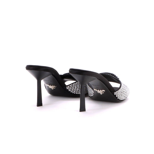 Women's Triangle Logo Kitten Heeled Sandals Crystal Embellished Satin