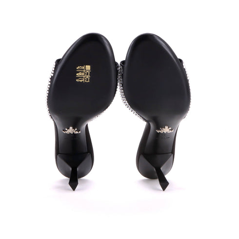Women's Triangle Logo Kitten Heeled Sandals Crystal Embellished Satin