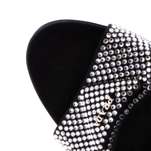Women's Triangle Logo Kitten Heeled Sandals Crystal Embellished Satin