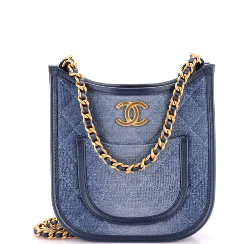 CC Front Pocket Chain Hobo Quilted Denim Small