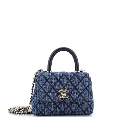 Coco Top Handle Clutch with Chain Quilted Washed Denim with Calfskin Mini