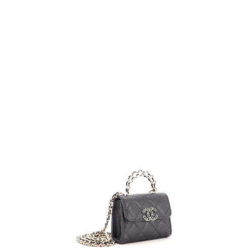 Woven Chain CC Top Handle Flap Clutch with Chain Quilted Caviar Mini