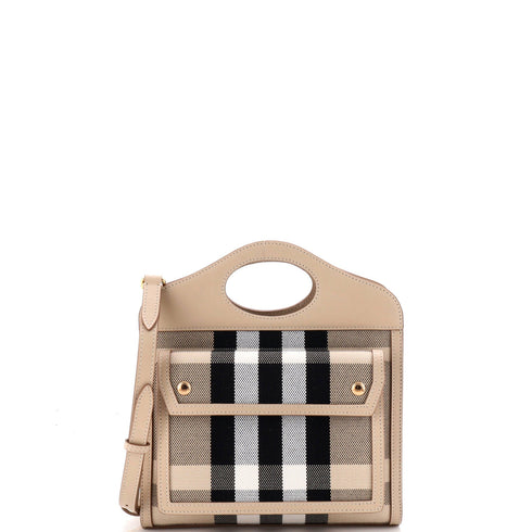 Logo Pocket Tote Leather with Check Canvas Mini