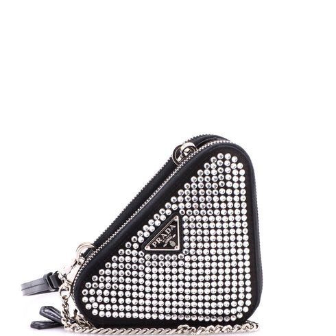 Triangle Double Pouch Crossbody Crystal Embellished Satin Mini