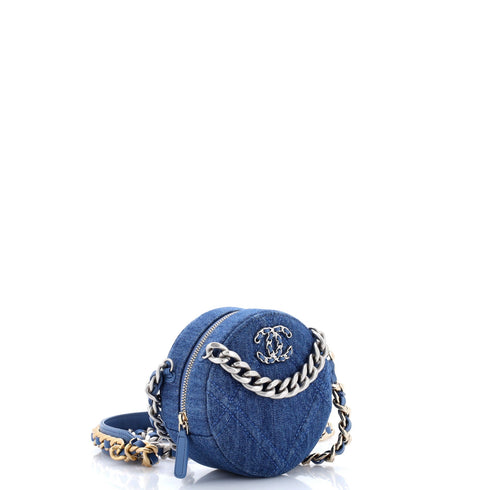 19 Round Clutch with Chain Quilted Denim