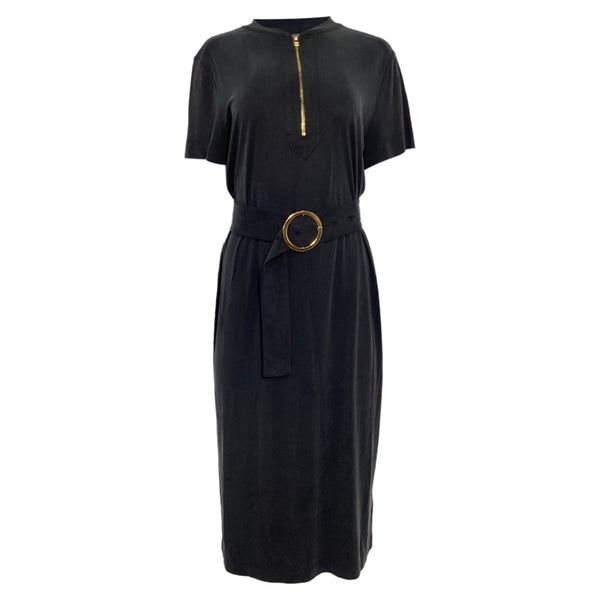 Women's Escada Belted Midi Shirt Sleeve Dress in Black Cotton