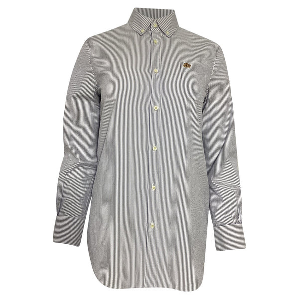Women's Dsquared2 Logo Patch Striped Long Sleeve Shirt in Blue and White Cotton