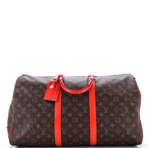 Keepall Bandouliere Bag Monogram Canvas with Coquelicot Leather Trim 50