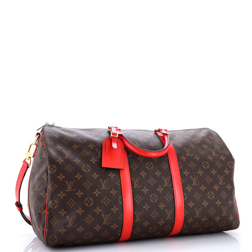 Keepall Bandouliere Bag Monogram Canvas with Coquelicot Leather Trim 50