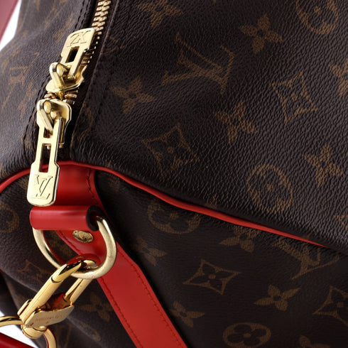 Keepall Bandouliere Bag Monogram Canvas with Coquelicot Leather Trim 50