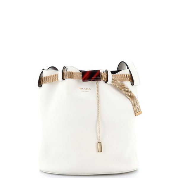 Buckle Belted Bucket Bag Leather with Metal