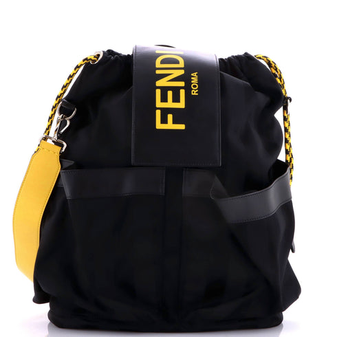 Double Pocket Drawstring Backpack Pequin Nylon with Leather