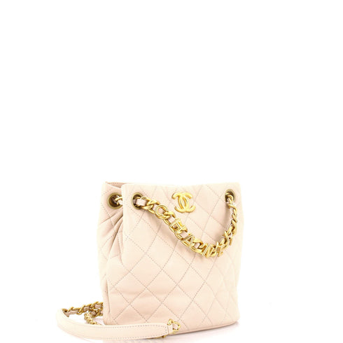 Logo Letters Drawstring Chain Bucket Bag Quilted Goatskin