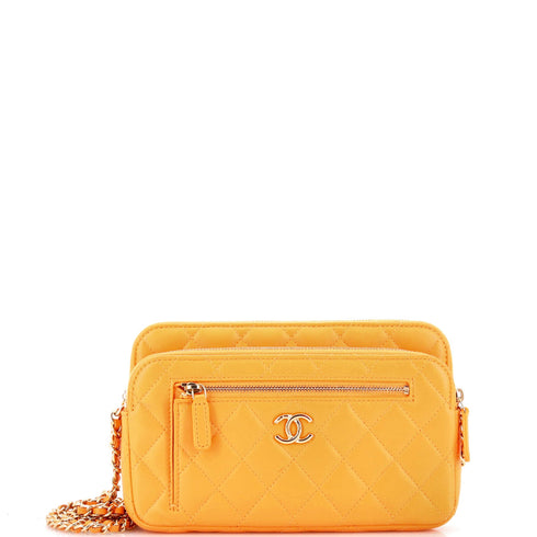 Front Pocket Double Zip Clutch with Chain Quilted Lambskin Small