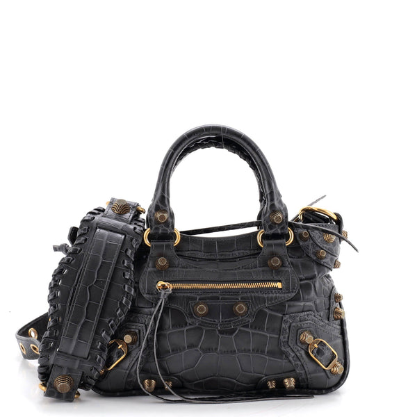 Le Cagole Giant Studs Tote Crocodile Embossed Leather Small