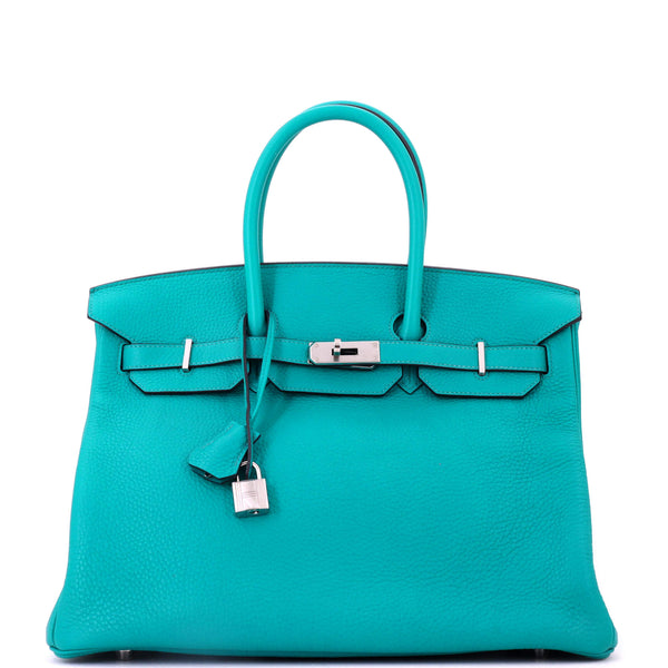Birkin Handbag Bleu Paon Clemence with Palladium Hardware 35