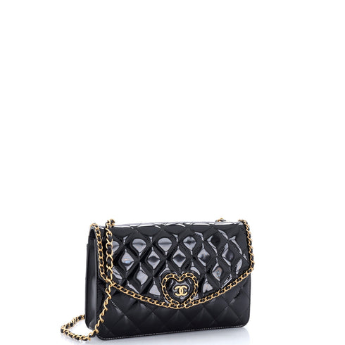 Heart Chain Flap Bag Quilted Patent Small