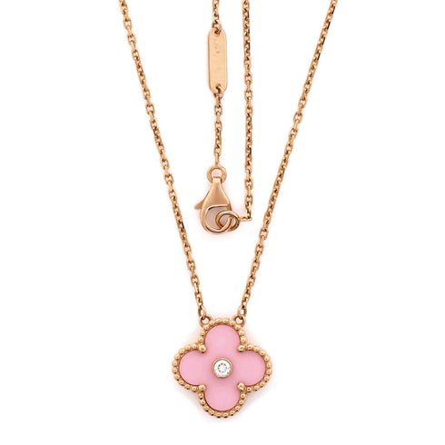 Vintage Alhambra Pendant Necklace 18K Rose Gold and Pink Sevres Porcelain with Diamond