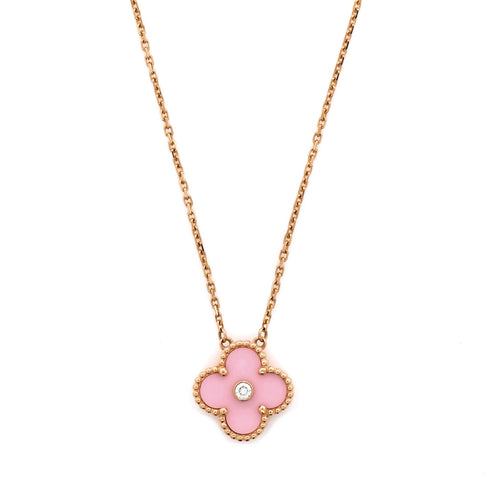 Vintage Alhambra Pendant Necklace 18K Rose Gold and Pink Sevres Porcelain with Diamond