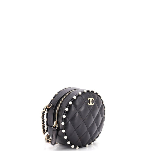 Round Clutch with Chain Quilted Calfskin with Pearl Detail