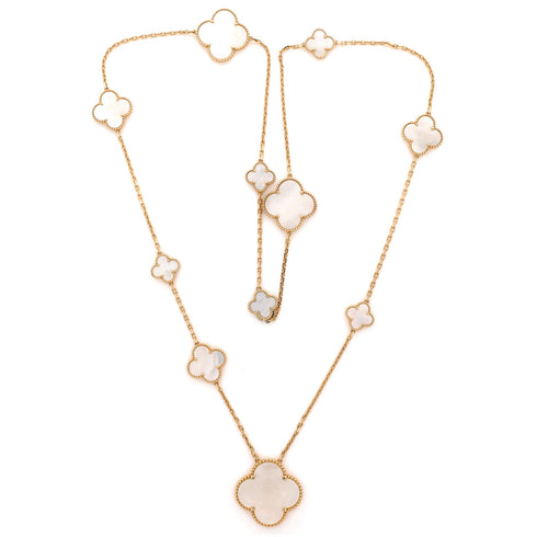 Magic Alhambra 11 Motifs Long Necklace 18K Yellow Gold and Mother of Pearl