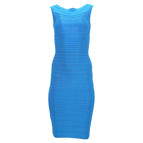 Women's Herve Leger Bandage Wide Neckline Midi Dress in Blue Rayon