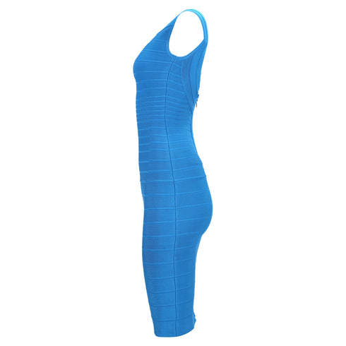 Women's Herve Leger Bandage Wide Neckline Midi Dress in Blue Rayon