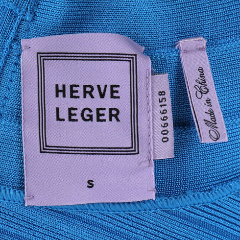 Women's Herve Leger Bandage Wide Neckline Midi Dress in Blue Rayon