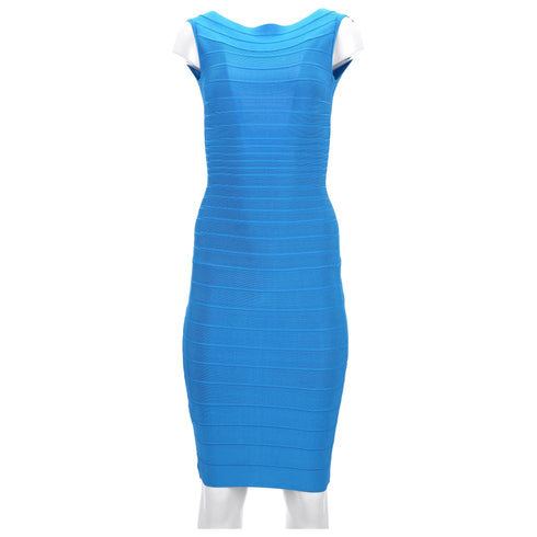 Women's Herve Leger Bandage Wide Neckline Midi Dress in Blue Rayon