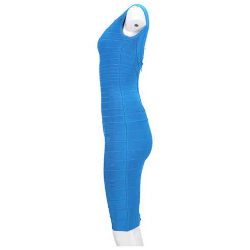Women's Herve Leger Bandage Wide Neckline Midi Dress in Blue Rayon