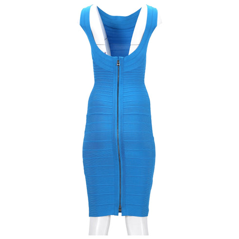 Women's Herve Leger Bandage Wide Neckline Midi Dress in Blue Rayon