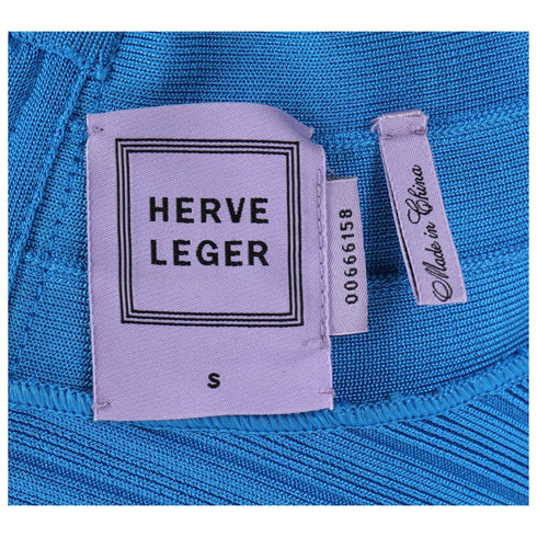 Women's Herve Leger Bandage Wide Neckline Midi Dress in Blue Rayon