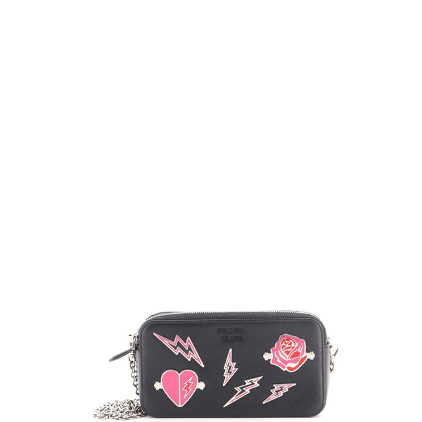 Double Zip Wallet on Chain Crossbody Printed Saffiano Leather Mini