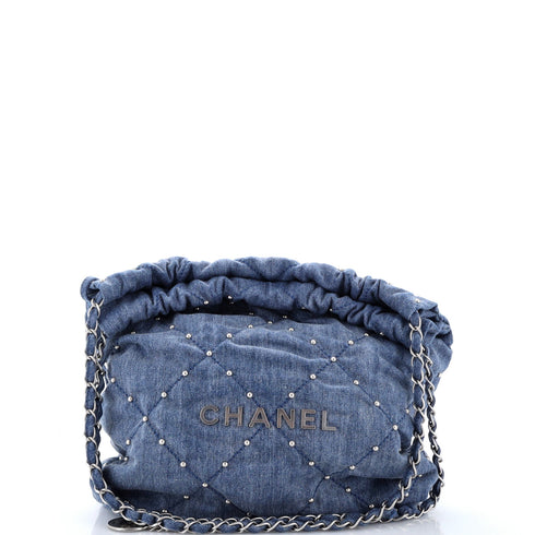 22 Chain Hobo Quilted Studded Denim Small
