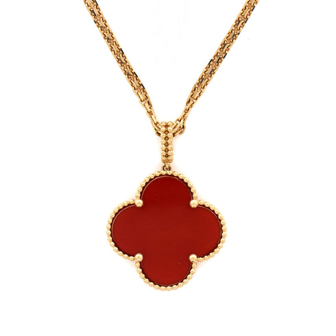 Magic Alhambra Pendant Long Necklace 18K Yellow Gold and Carnelian