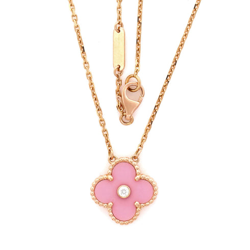 Vintage Alhambra Pendant Necklace 18K Rose Gold and Pink Sevres Porcelain with Diamond