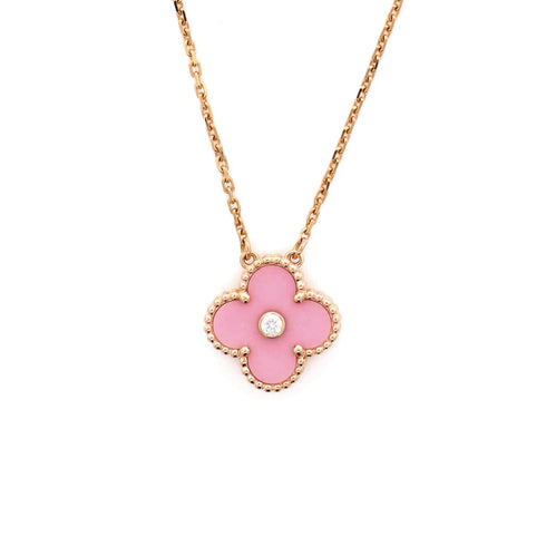 Vintage Alhambra Pendant Necklace 18K Rose Gold and Pink Sevres Porcelain with Diamond