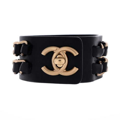 CC Turnlock Chain Cuff Bracelet Leather with Metal Wide