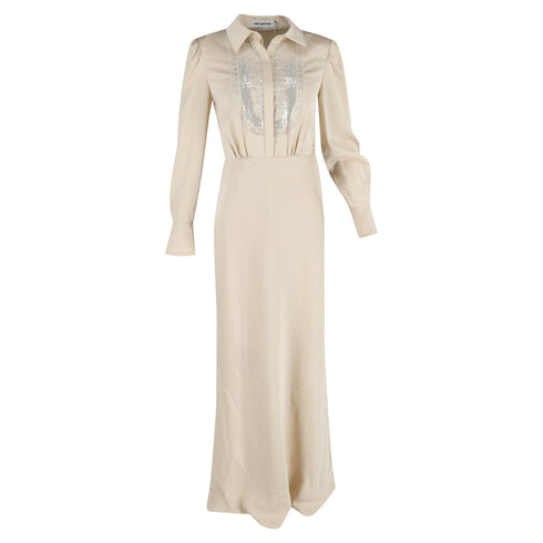 Women's Self-Portrait Embroidered-Design Maxi Dress in Cream Satin
