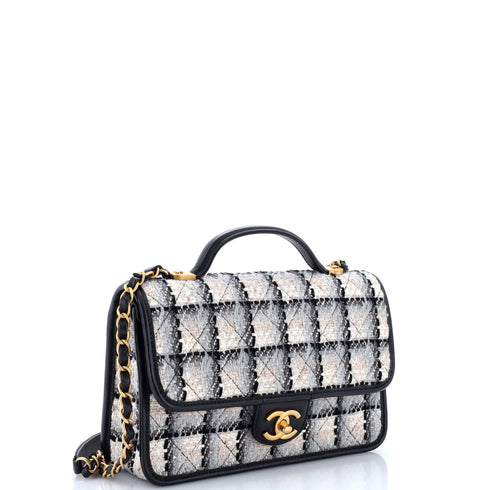 School Memory Top Handle Flap Bag Quilted Tweed Small