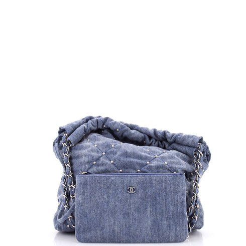 22 Chain Hobo Quilted Studded Denim Small